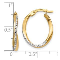 10K Yellow Gold & Rhodium Textured and Polished Oval Hoop Earrings