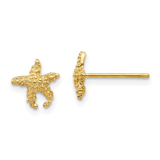 10K Yellow Gold Polished Textured Starfish Post Earrings