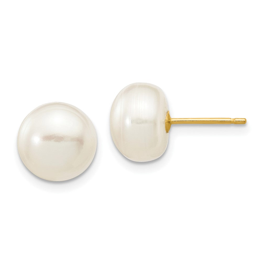 10K Yellow Gold 8-9mm White Button FWC Pearl Stud Post Earrings