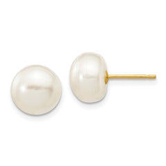 10K Yellow Gold 8-9mm White Button FWC Pearl Stud Post Earrings