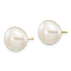 10K Yellow Gold 9-10mm White Button FWC Pearl Stud Post Earrings