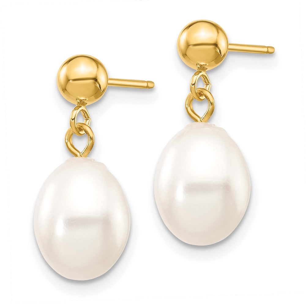10K Yellow Gold 7-8mm White Rice FWC Pearl Dangle Post Earrings