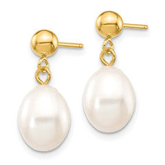10K Yellow Gold 7-8mm White Rice FWC Pearl Dangle Post Earrings