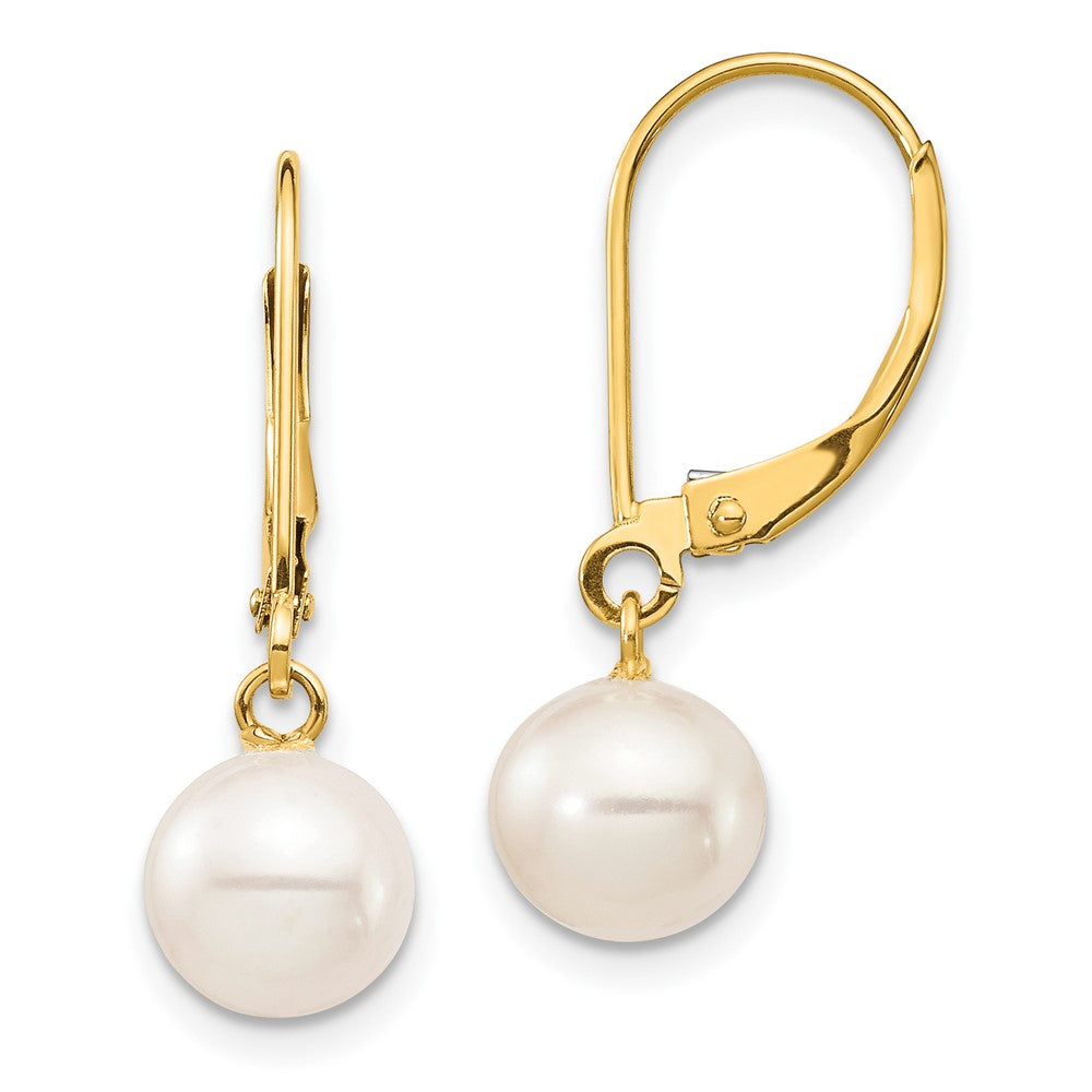 10K Yellow Gold 7-8mm White Round FWC Pearl Leverback Earrings