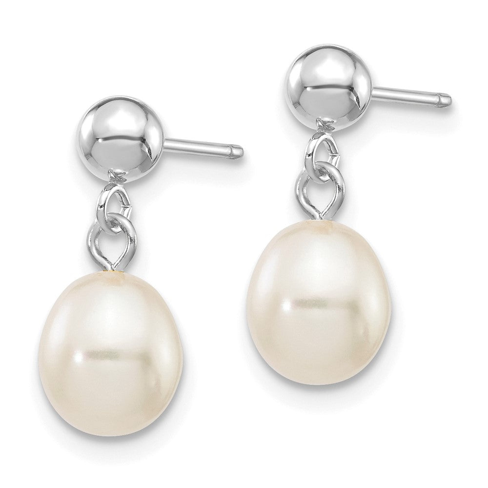 10K White Gold 6-7mm White Rice FWC Pearl Dangle Post Earrings
