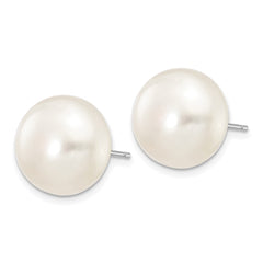 10K White Gold 12-13mm White Button FWC Pearl Stud Post Earrings