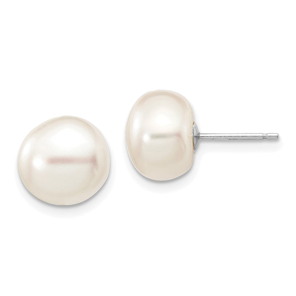 10K White Gold 9-10mm White Button FWC Pearl Stud Post Earrings