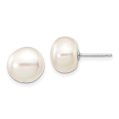 10K White Gold 9-10mm White Button FWC Pearl Stud Post Earrings