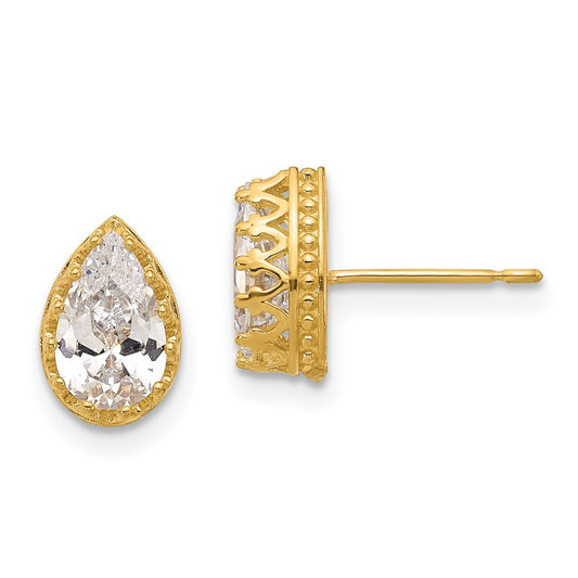 10K Yellow Gold Tiara Collection 9mm Polished Pear CZ Earrings