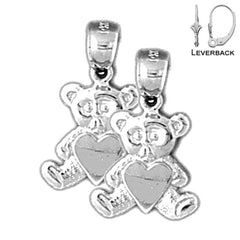Sterling Silver 19mm Teddy Bear With Heart Earrings (White or Yellow Gold Plated)