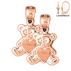 Aretes de osito de peluche con corazón en oro de 14 quilates o 18 quilates