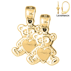 Aretes de osito de peluche con corazón en oro de 14 quilates o 18 quilates