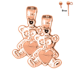 Aretes de osito de peluche con corazón en oro de 14 quilates o 18 quilates