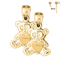 Aretes de osito de peluche con corazón en oro de 14 quilates o 18 quilates