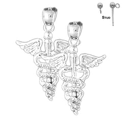 Sterling Silver 26mm Caduceus Earrings (White or Yellow Gold Plated)