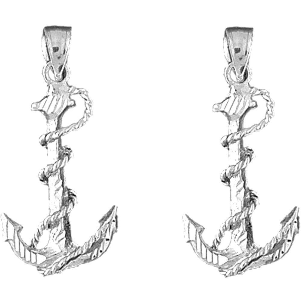 Sterling Silver 32mm Anchor With Rope 3D Earrings