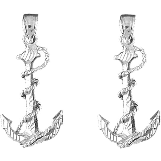 Sterling Silver 32mm Anchor With Rope 3D Earrings