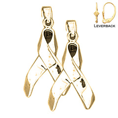 Sterling Silver 27mm 3D Cancer Awareness Ribbon Earrings (White or Yellow Gold Plated)