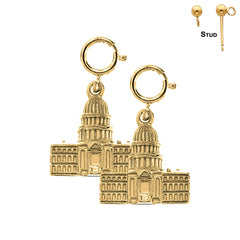 Sterling Silver 18mm United States Capital Building Earrings (White or Yellow Gold Plated)