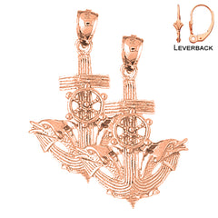 14 Karat Gelbgold, 36 mm, Ohrringe mit Anker, Delfinen und Schiffssteuerrad