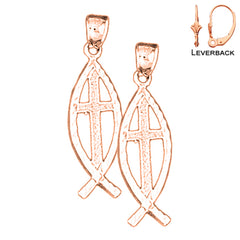 14K or 18K Gold Cross In Fish Earrings