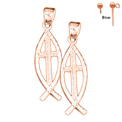 14K or 18K Gold Cross In Fish Earrings