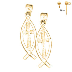 14K or 18K Gold Cross In Fish Earrings