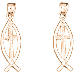 14K or 18K Gold 31mm Cross In Fish Earrings