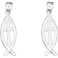 14K or 18K Gold 31mm Cross In Fish Earrings