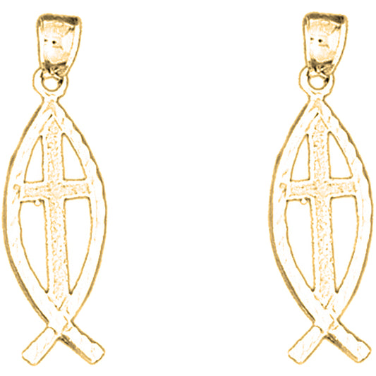 14K or 18K Gold 31mm Cross In Fish Earrings
