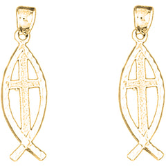 14K or 18K Gold 31mm Cross In Fish Earrings