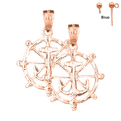 14K or 18K Gold Ships Wheel With Anchor Earrings