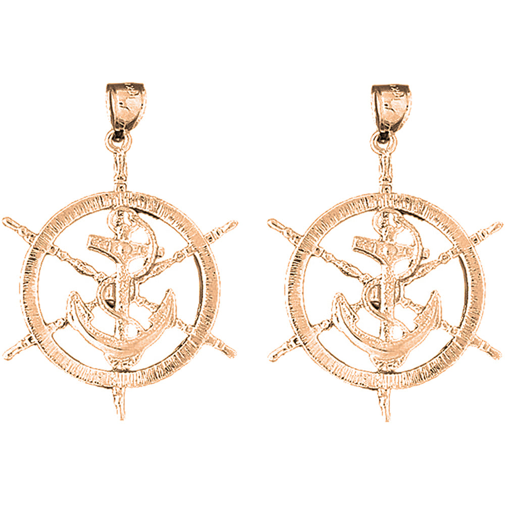 14K or 18K Gold 43mm Ships Wheel With Anchor Earrings