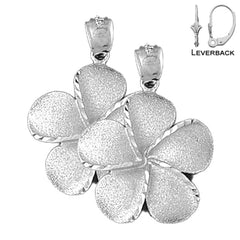 Sterling Silver 34mm Plumeria Flower Earrings (White or Yellow Gold Plated)
