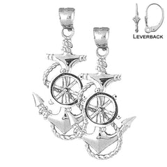 Sterling Silver 50mm Anchor And Ships Wheel Earrings (White or Yellow Gold Plated)