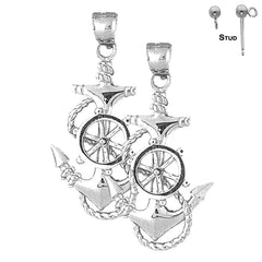 Sterling Silver 50mm Anchor And Ships Wheel Earrings (White or Yellow Gold Plated)