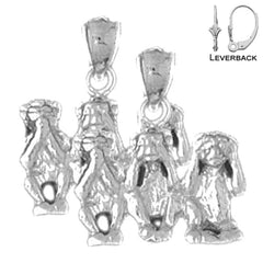 Sterling Silver 20mm 3D Three Wise Monkey (White or Yellow Gold Plated)