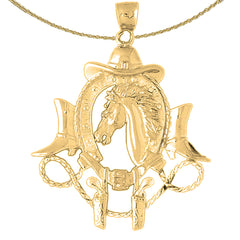 Sombrero de vaquero, herradura, pistolas y colgante de cabeza de caballo de oro de 10K, 14K o 18K