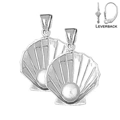 Pendientes de concha y perlas de plata de ley de 35 mm (chapados en oro blanco o amarillo)