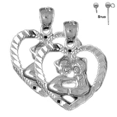 Sterling Silver 21mm Teddy Bear In Heart Earrings (White or Yellow Gold Plated)