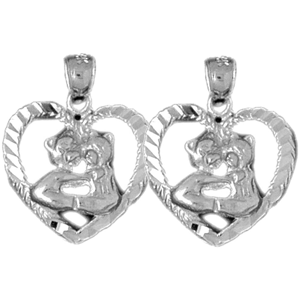Sterling Silver 21mm Teddy Bear In Heart Earrings