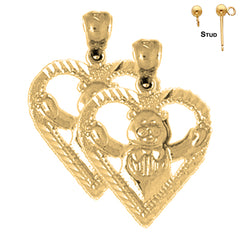 Sterling Silver 19mm Teddy Bear In Heart Earrings (White or Yellow Gold Plated)