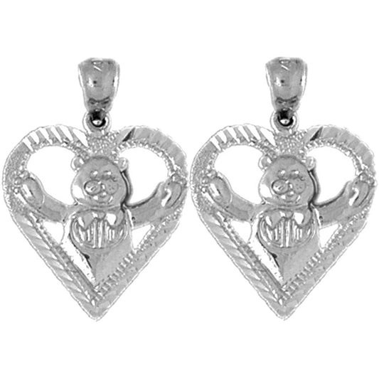 Sterling Silver 19mm Teddy Bear In Heart Earrings