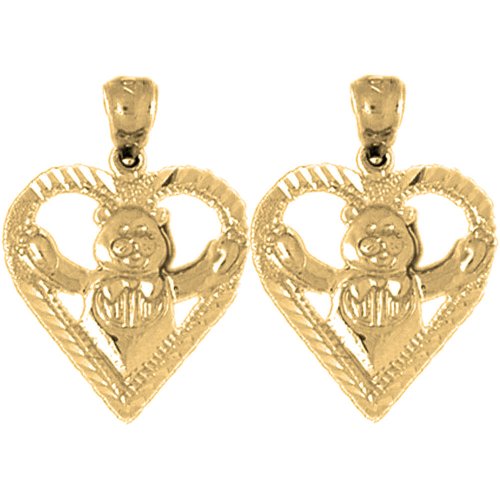 Yellow Gold-plated Silver 19mm Teddy Bear In Heart Earrings