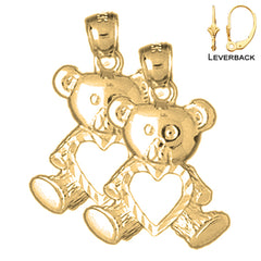 Sterling Silver 23mm Teddy Bear With Heart Earrings (White or Yellow Gold Plated)