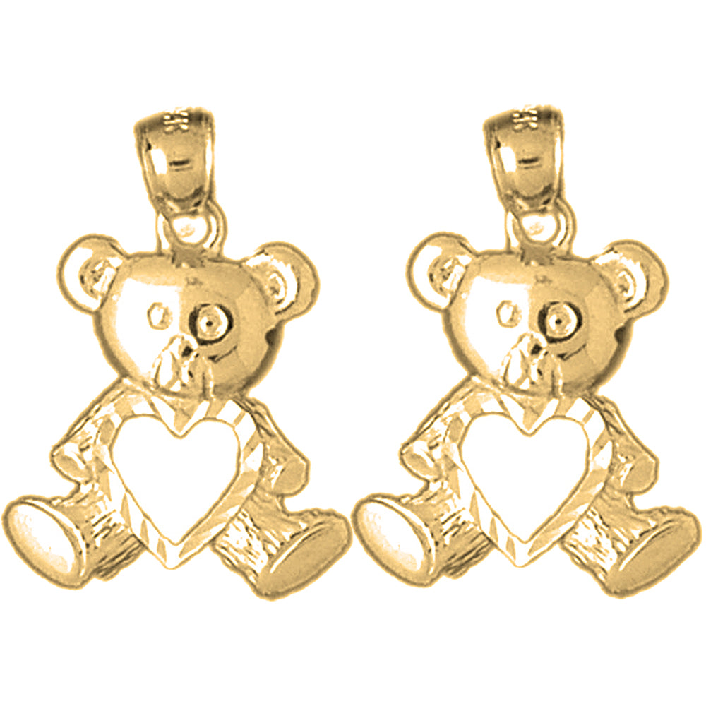 Yellow Gold-plated Silver 23mm Teddy Bear With Heart Earrings