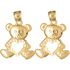 Yellow Gold-plated Silver 23mm Teddy Bear With Heart Earrings