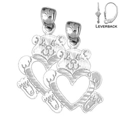 Sterling Silver 21mm Teddy Bear With Heart Earrings (White or Yellow Gold Plated)