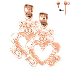 Aretes de osito de peluche con corazón en oro de 14 quilates o 18 quilates