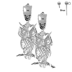 Sterling Silver 20mm Owl Earrings (White or Yellow Gold Plated)